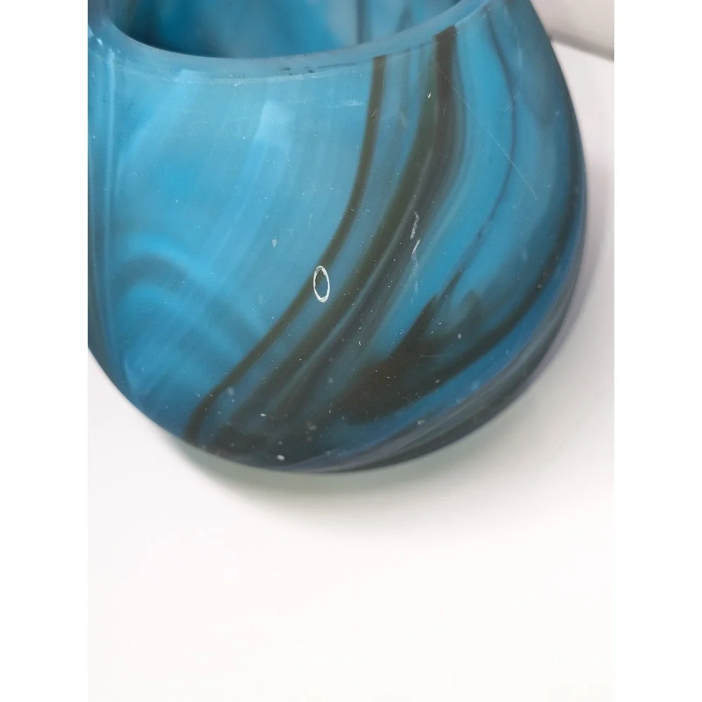 Blown Glass Candle Holder Or Vase Blue W Black Swirls Handmade‎ Home Decor
